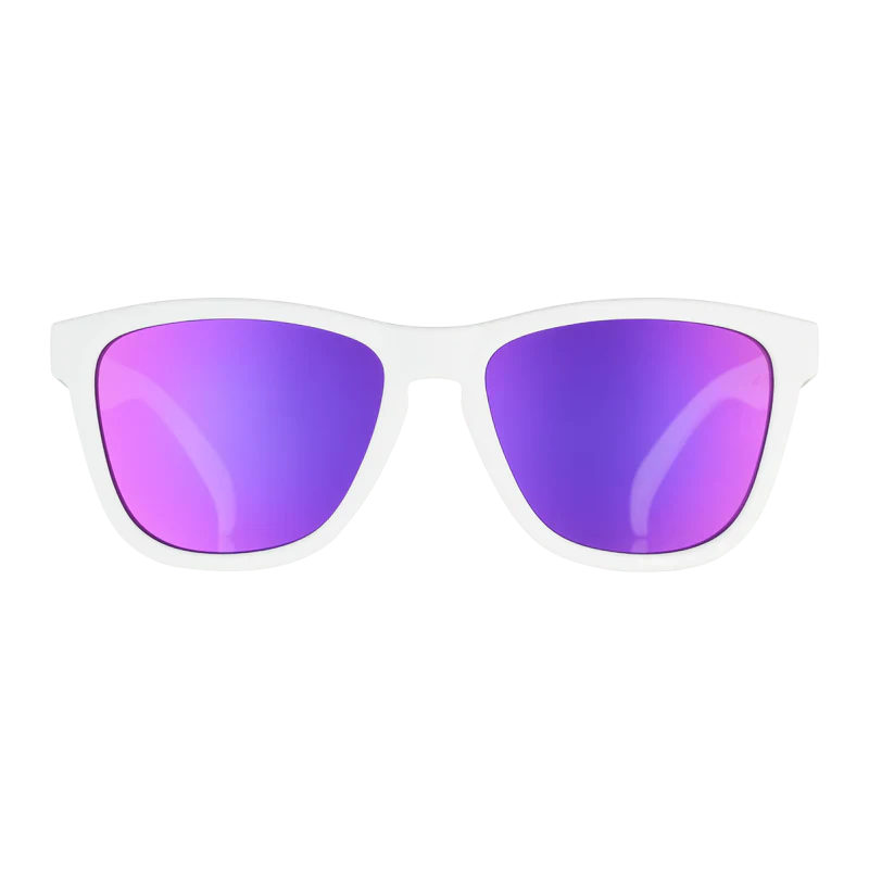 goodr OG Side Scroll Eye Roll sunglasses, white frame with mirrored violet lenses — front view