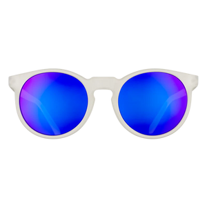 goodr Circle G Strange Things Are Afoot At The Circle Gs sunglasses, clear frame with cobalt blue mirrored lenses — front view