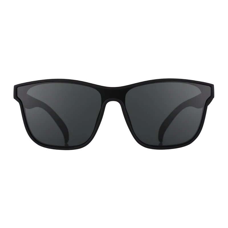 goodr VRG The Future is Void sunglasses, black frame with dark green lenses — front view