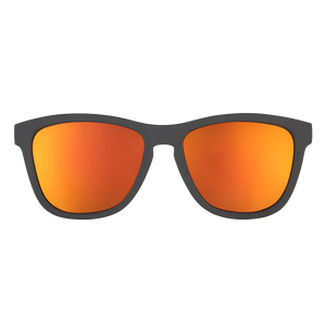 goodr OG Whiskey Shots With Satan sunglasses, smoke frame with mirrored burnt orange lenses — front view