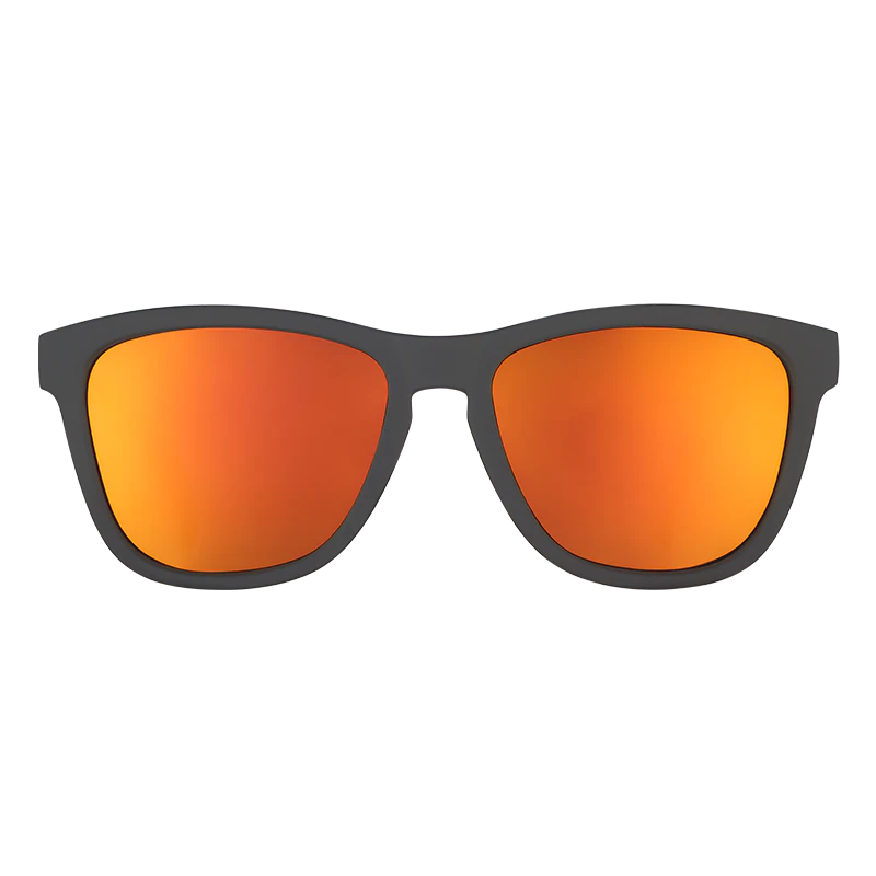 goodr OG Whiskey Shots With Satan sunglasses, smoke frame with mirrored burnt orange lenses — front view