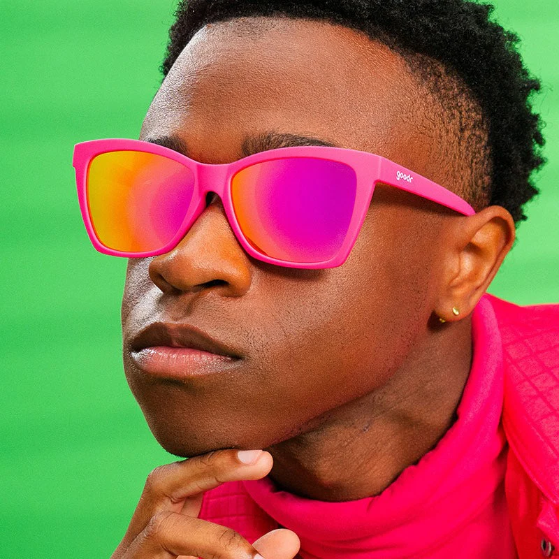 goodr Pop G Approaching Cult Status sunglasses, fuchsia frame with mirrored magenta lenses — styled product view