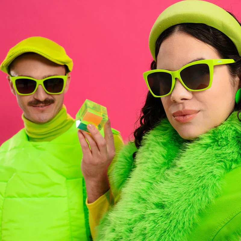 goodr Pop G Born To Be Envied sunglasses, lime frame with graphite gradient lenses — styled product view