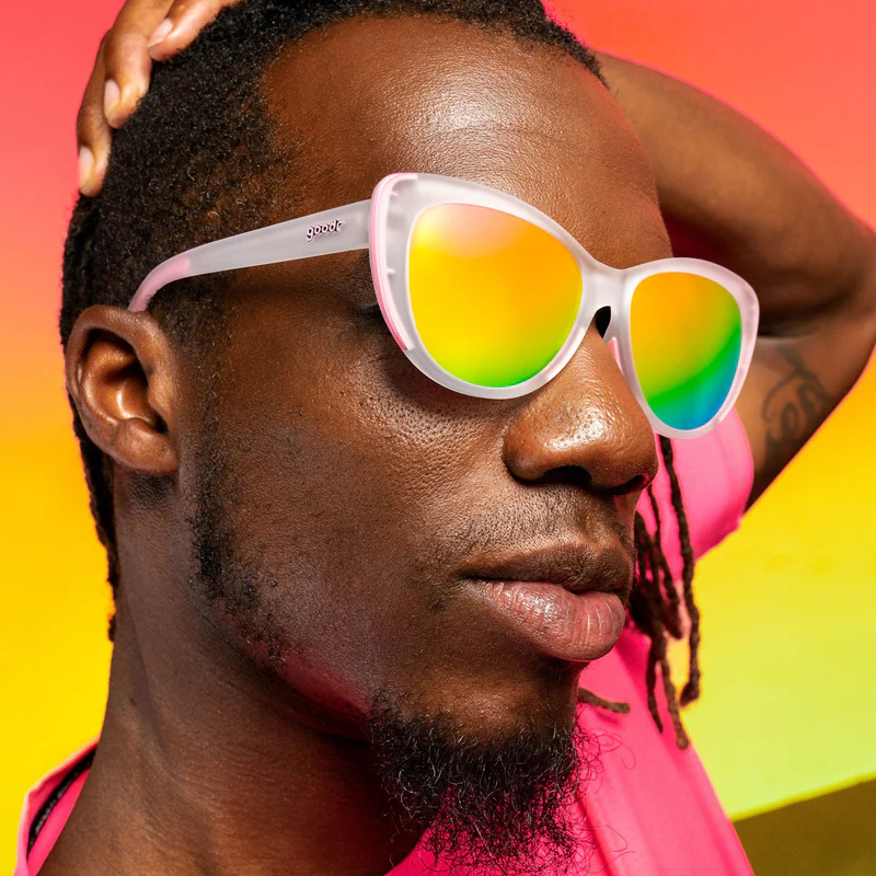 goodr Glam G Rainbow Runway Ready sunglasses, white frame with mirrored salmon lenses — styled product view