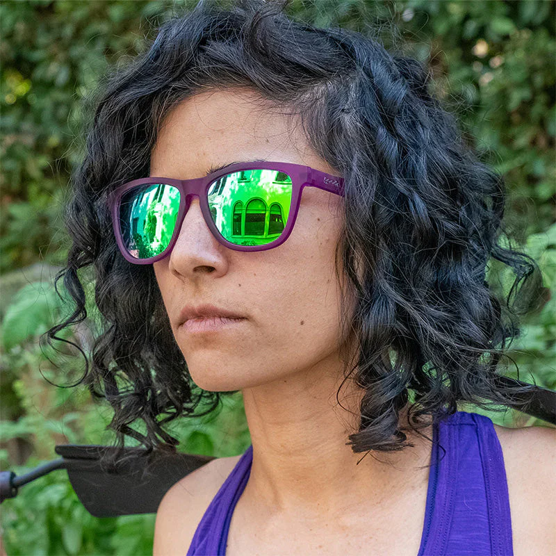 goodr OG Gardening With A Kraken sunglasses, orchid frame with mirrored chartreuse lenses — styled product view