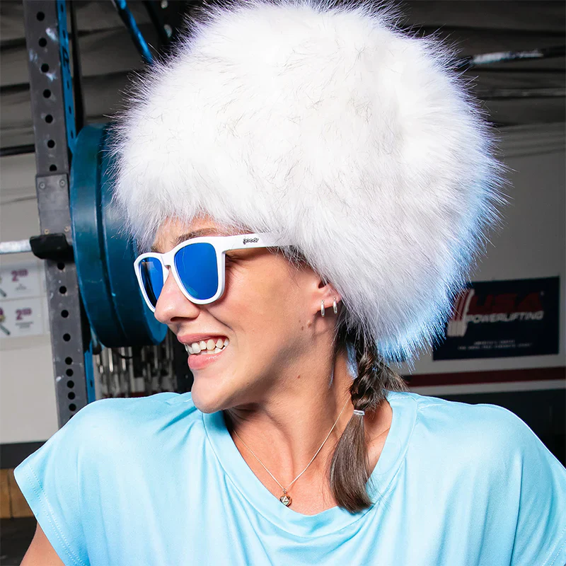 goodr OG Iced By Yetis sunglasses, cream frame with mirrored ice blue lenses — styled product view