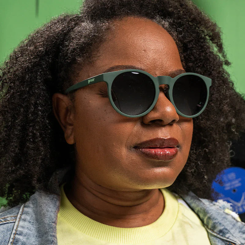 goodr Circle G I Have These On Vinyl, Too sunglasses, smoke frame with grey gradient lenses — styled product view