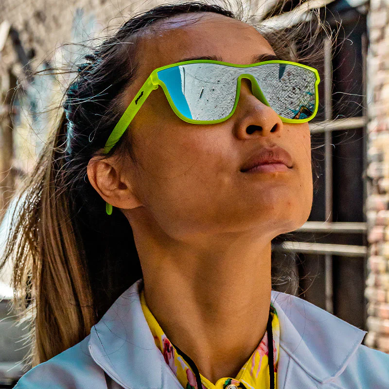 goodr VRG Naeon Flux Capacitor sunglasses, chartreuse frame with mirrored grey lenses — styled product view