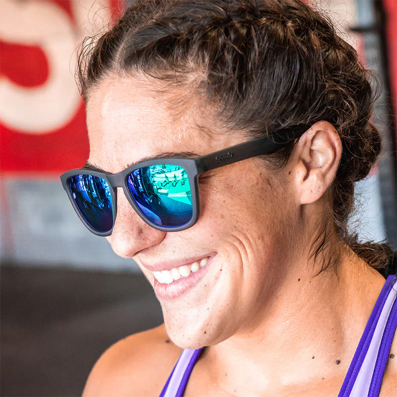 goodr OG Silverback Squat Mobility sunglasses, stone frame with sea-green lenses — styled product view