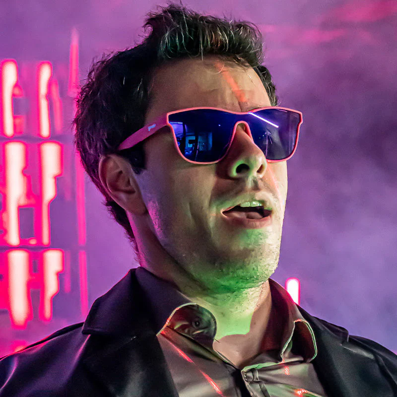 goodr VRG See You At The Party, Richter! sunglasses, hot pink frame with mirrored purple lenses — styled product view