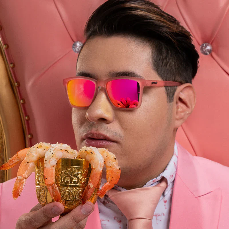 goodr LFG Shrimpin' Ain't Easy sunglasses, salmon frame with mirrored hot pink lenses — styled product view
