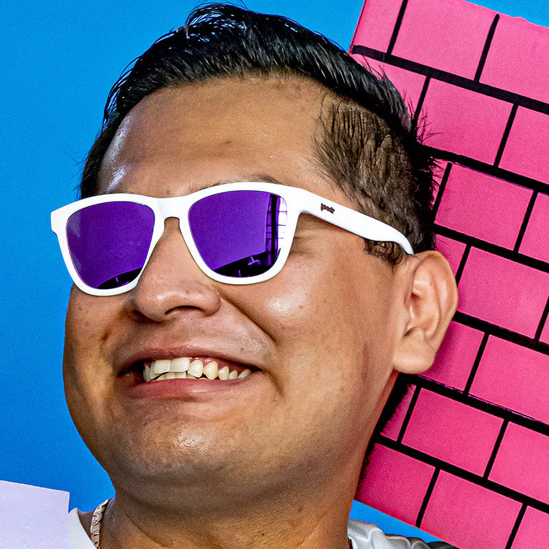 goodr OG Side Scroll Eye Roll sunglasses, white frame with mirrored violet lenses — styled product view