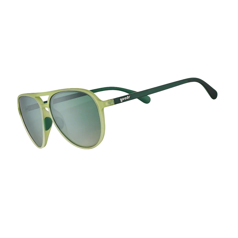 goodr Mach G Buzzed On The Tower sunglasses, olive frame with olive gradient lenses — side view