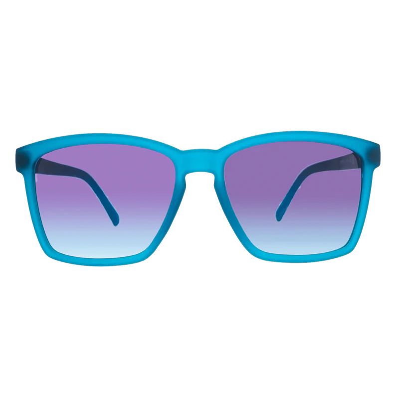 goodr LFG Dungaree Debauchery sunglasses, cyan frame with lavender gradient lenses — front view