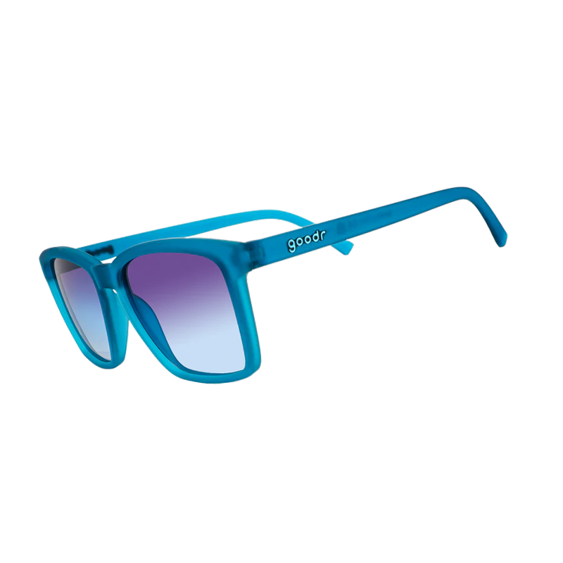 goodr LFG Dungaree Debauchery sunglasses, cyan frame with lavender gradient lenses — side view