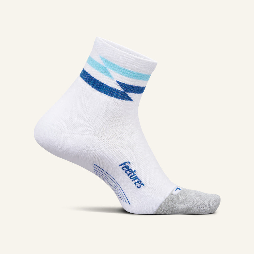 Feetures Elite Light Cushion Quarter sock in White Track — front view #Colour_White Track