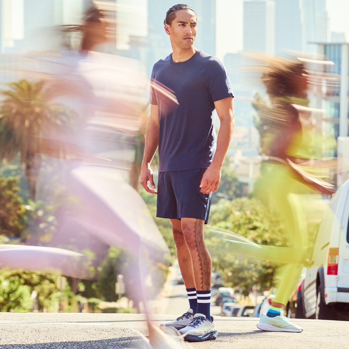 Feetures Elite Light Cushion Mini Crew sock in Navy High Top Stripe — lifestyle #Color_Navy High Top Stripe