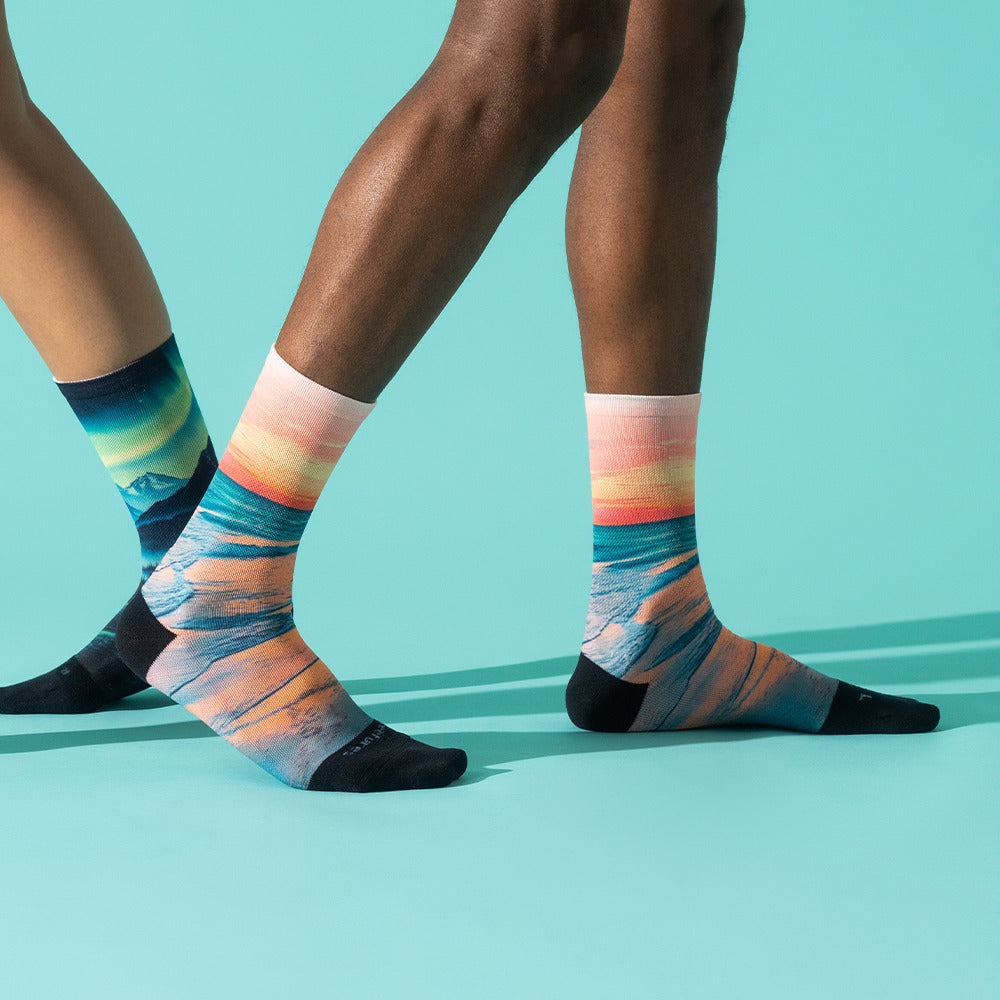 Feetures Elite Light Cushion Mini Crew Landscape LE sock in Sunset Glow — lifestyle #Color_Sunset Glow