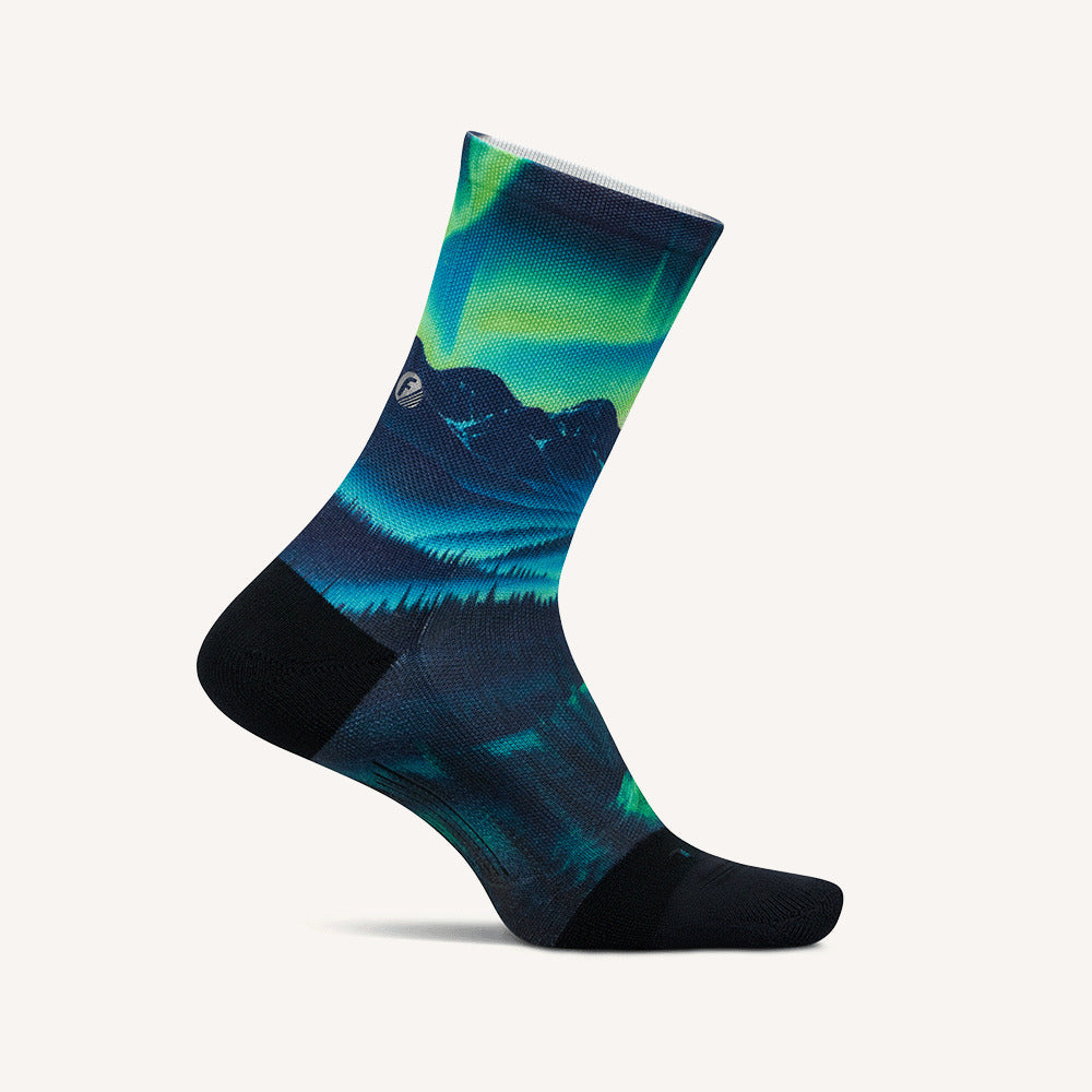 Feetures Elite Light Cushion Mini Crew Landscape LE sock in Aurora Glow — front view #Color_Aurora Glow