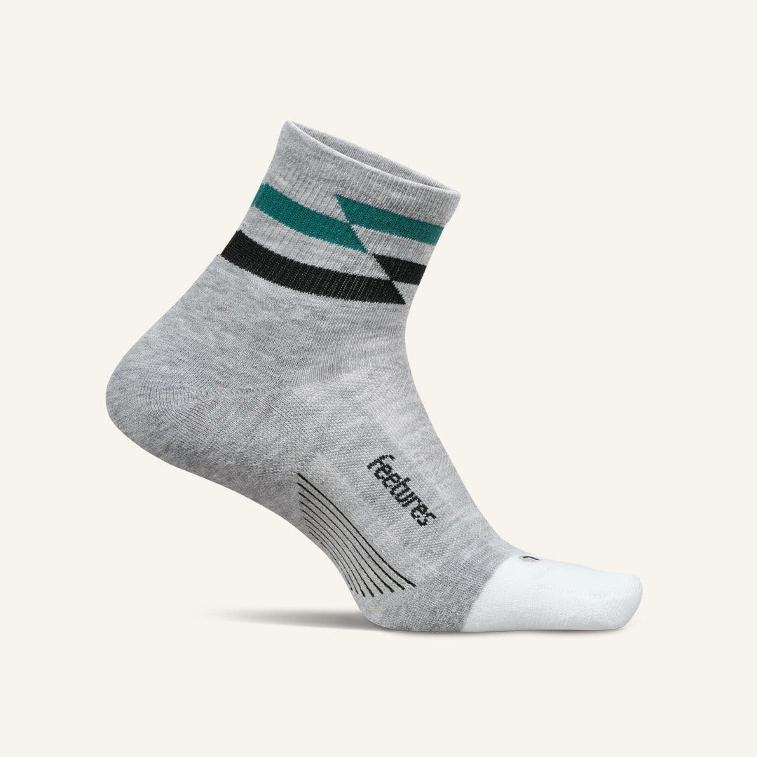 Feetures Elite Max Cushion Quarter sock in Gray Track — front view #Colour_Gray Track
