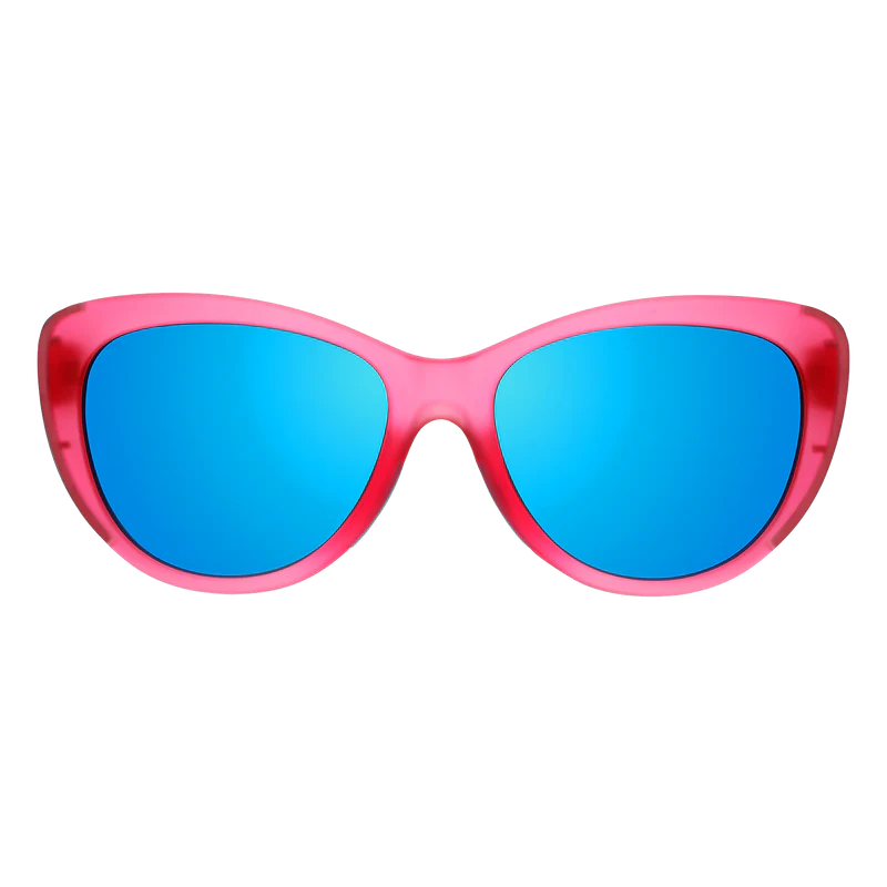 goodr Glam G Flamingo Couture sunglasses, pink frame with mirrored cyan lenses — front view