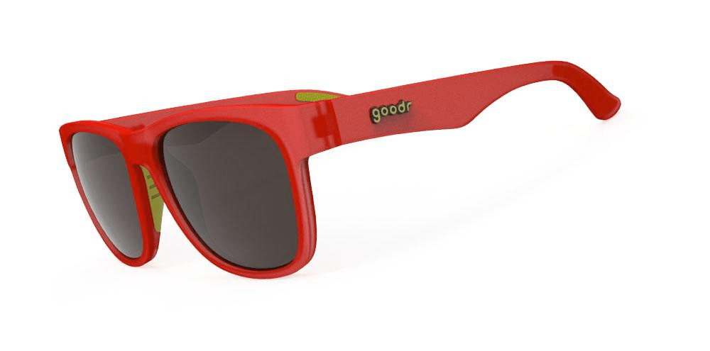 goodr BFG Grip It And Sip It sunglasses, red frame with copper mirrored lenses — three-quarter studio view