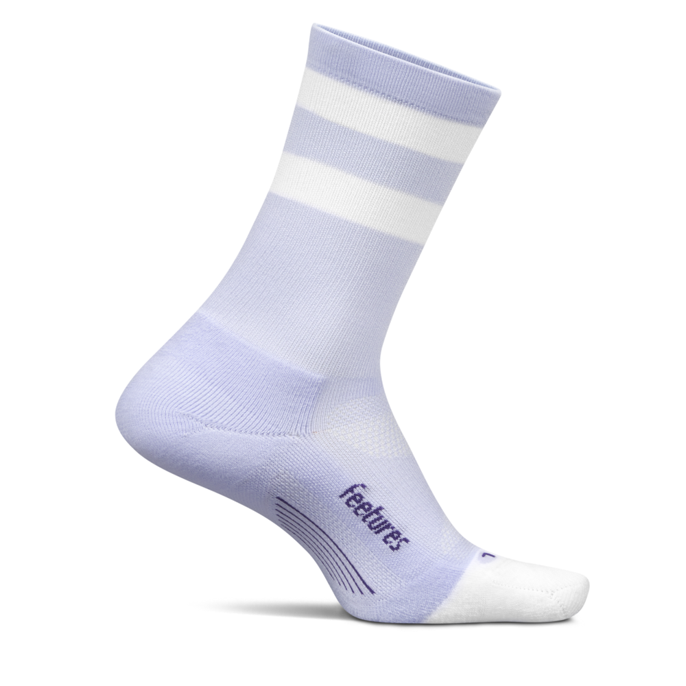 Feetures Elite Light Cushion Mini Crew sock in Lilac High Top Stripe — front view #Color_Lilac High Top Stripe