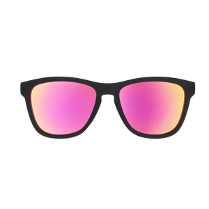 goodr OG Professional Respawner sunglasses, charcoal frame with hot pink lenses — front view