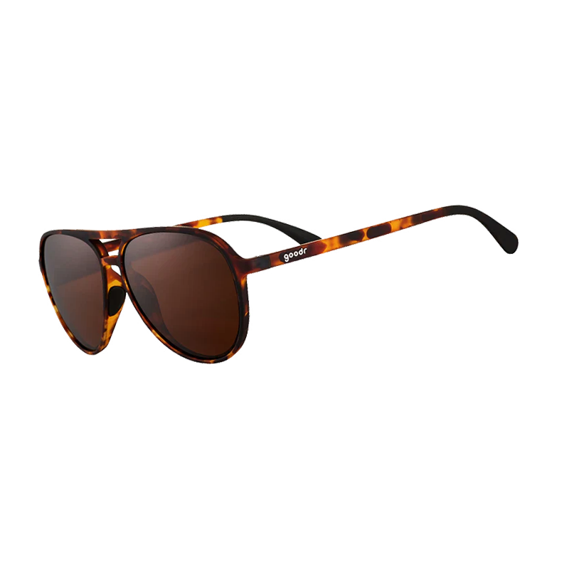 goodr Mach G Amelia Earhart Ghosted Me sunglasses, tortoise frame with smoke brown lenses — side view