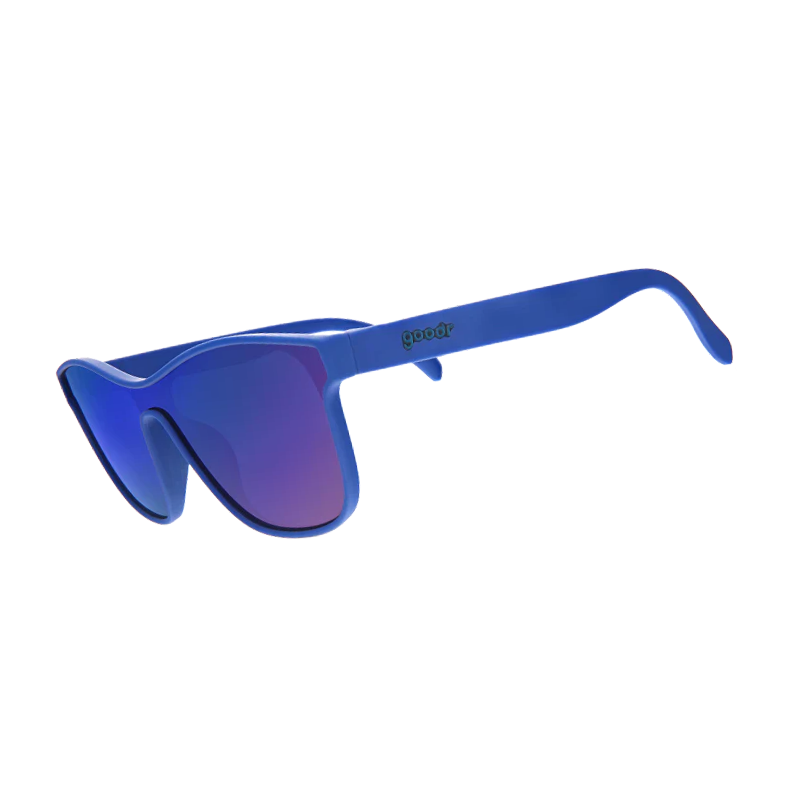 goodr VRG Best Dystopia Ever sunglasses, blue frame with mirrored violet lenses — side view