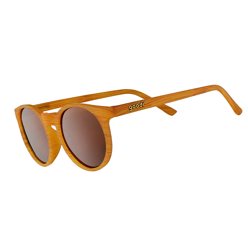 goodr Circle G Bodhi's Ultimate Ride sunglasses, mustard frame with brown lenses — side view
