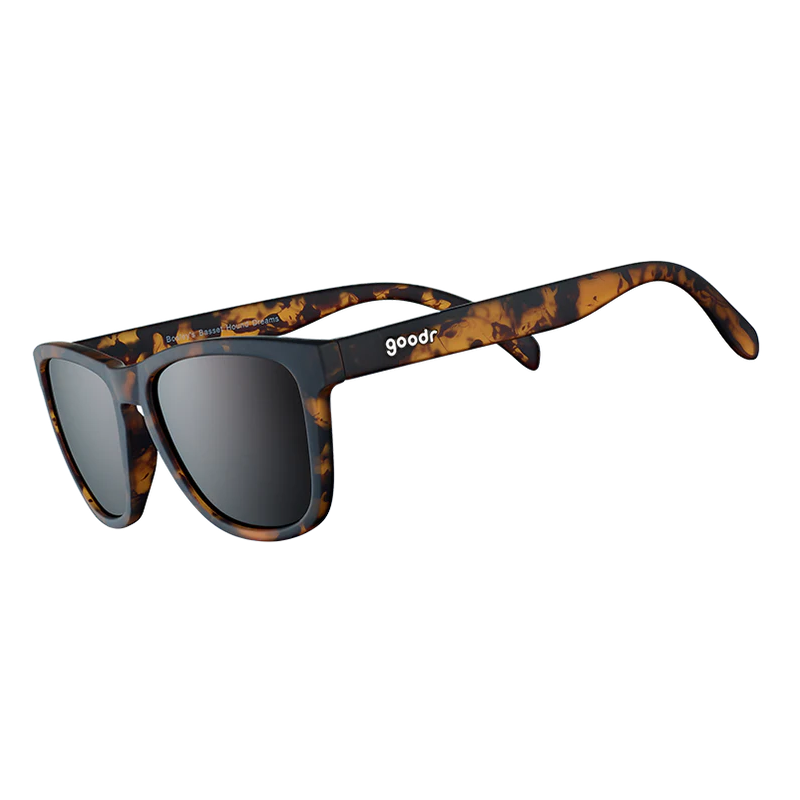 goodr OG Bosley's Basset Hound Dreams sunglasses, tortoise frame with graphite lenses — styled product view
