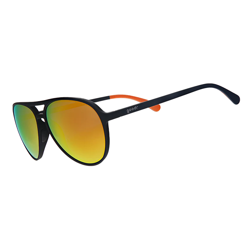goodr Mach G Call Me Tarmac Daddy sunglasses, smoke frame with mirrored amber lenses — side view