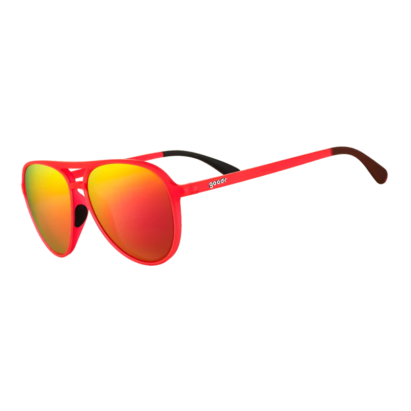 goodr Mach G Captain Blunt's Red Eye sunglasses, coral frame with crimson mirrored lenses — side view
