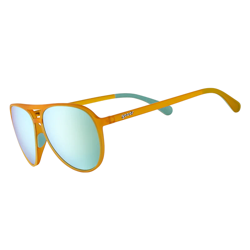 goodr Mach G Cheesy Flight Attendant sunglasses, mustard frame with mirrored lemon-lime lenses — side view