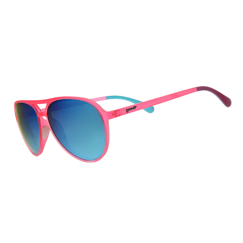 goodr Mach G Carl Is My Co-Pilot sunglasses, pink frame with mirrored light blue lenses — side view