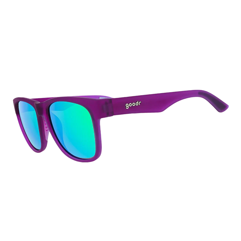 goodr BFG Colossal Squid Confessions sunglasses, grape frame with mirrored mint lenses — side view