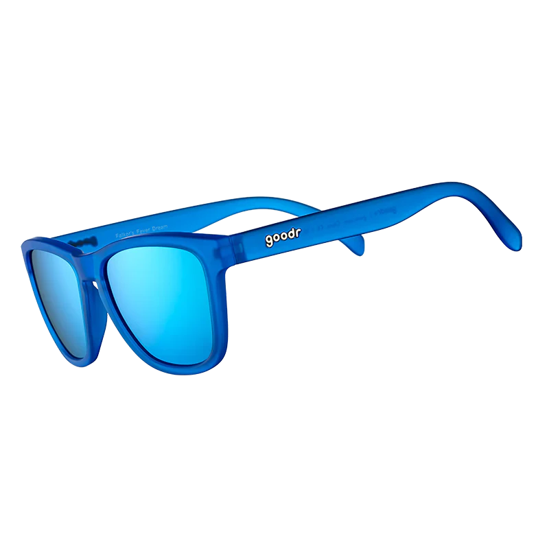 goodr OG Falkor's Fever Dream sunglasses, azure frame with mirrored sky blue lenses — side view