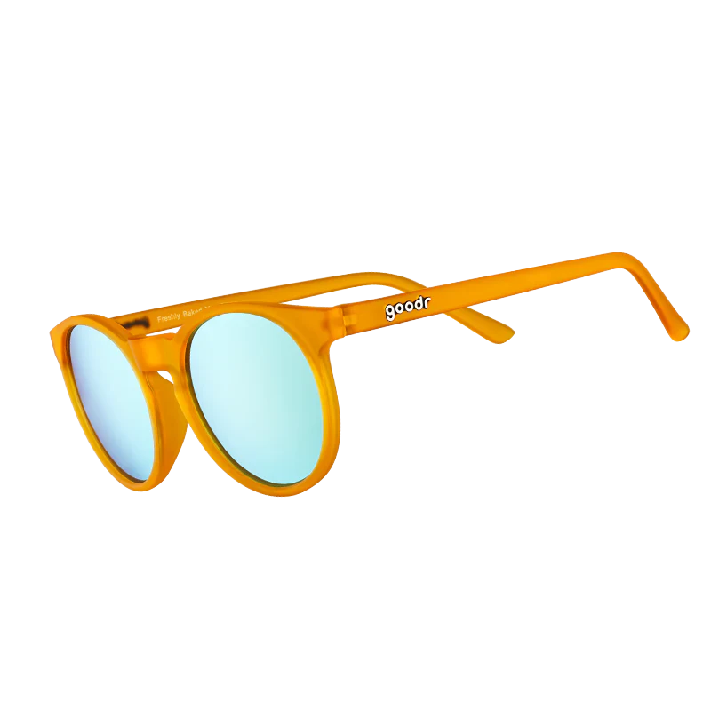 goodr Circle G Freshly Baked Man Buns sunglasses, mustard frame with mirrored lemon-lime lenses — side view