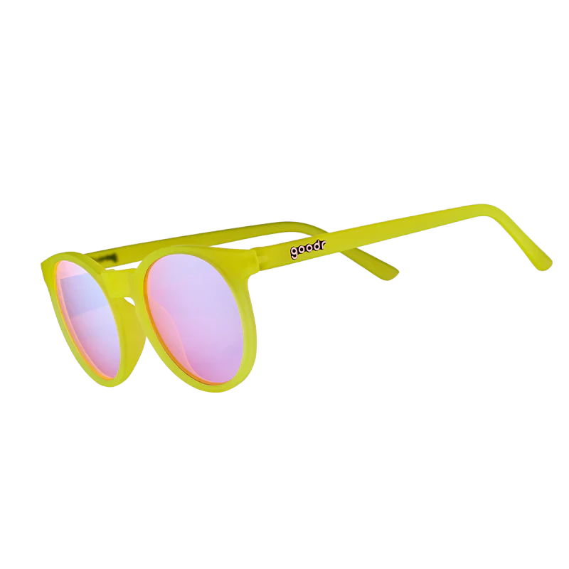 goodr Circle G Fade-Er-Ade Shades sunglasses, lime frame with mirrored aqua lenses — side view