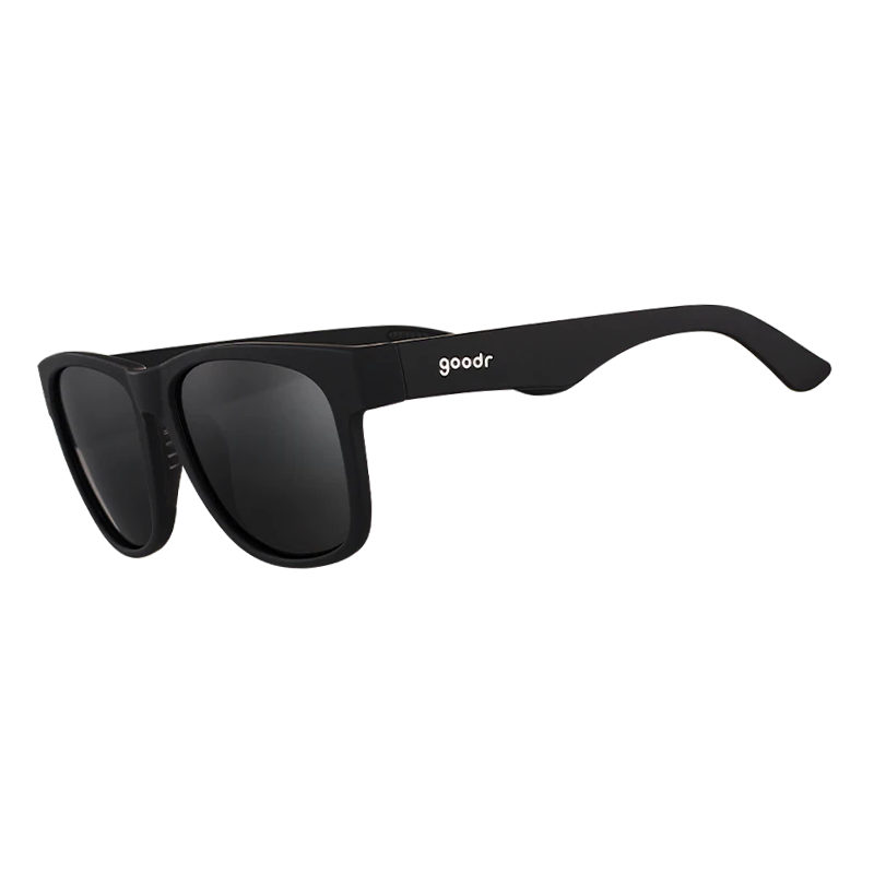 goodr BFG Hooked On Onyx sunglasses, black frame with smoke lenses — side view