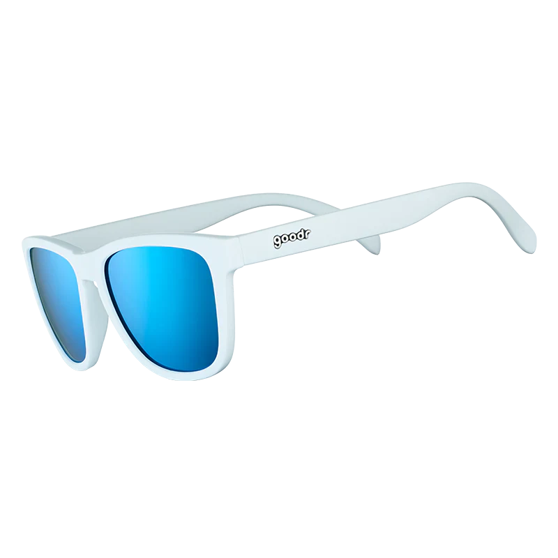 goodr OG Iced By Yetis sunglasses, cream frame with mirrored ice blue lenses — side view