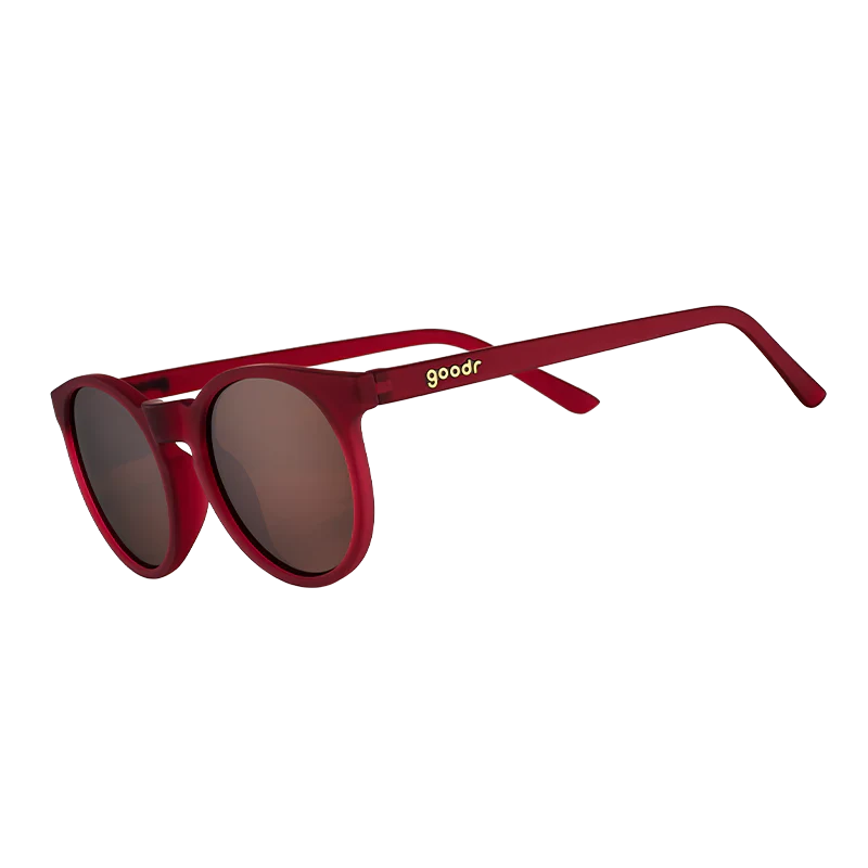 goodr Circle G I'm Wearing Burgundy? sunglasses, burgundy frame with brown lenses — side view