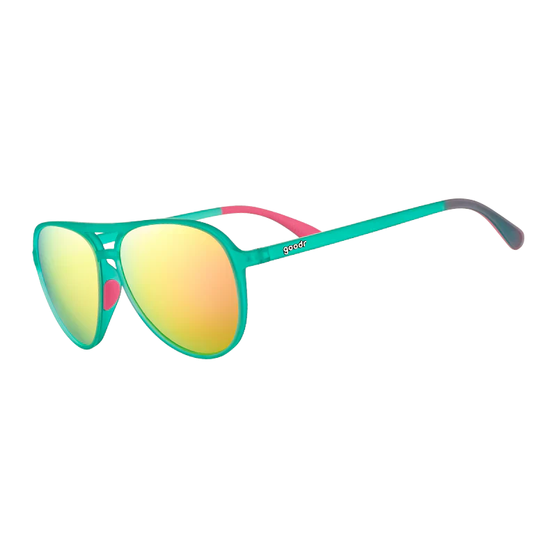 goodr Mach G Kitty Hawkers' Ray Blockers sunglasses, turquoise frame with mirrored hot pink lenses — side view
