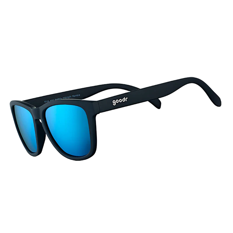 goodr OG Mick And Keith's Midnight Ramble sunglasses, smoke frame with sky blue lenses — side view
