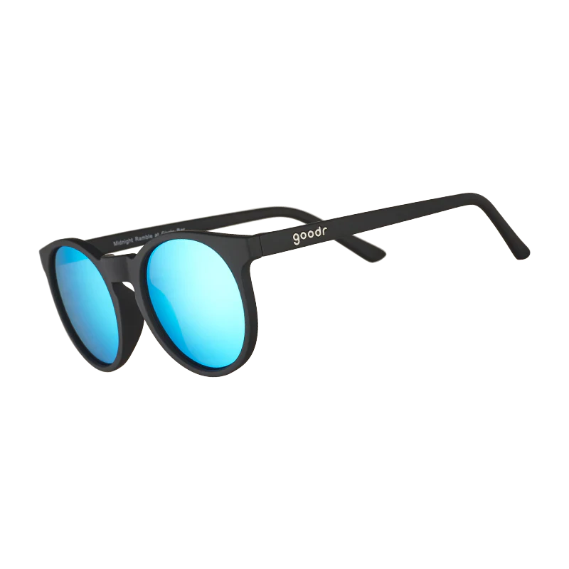 goodr Circle G Midnight Ramble At Circle Bar sunglasses, charcoal frame with mirrored teal lenses — side view