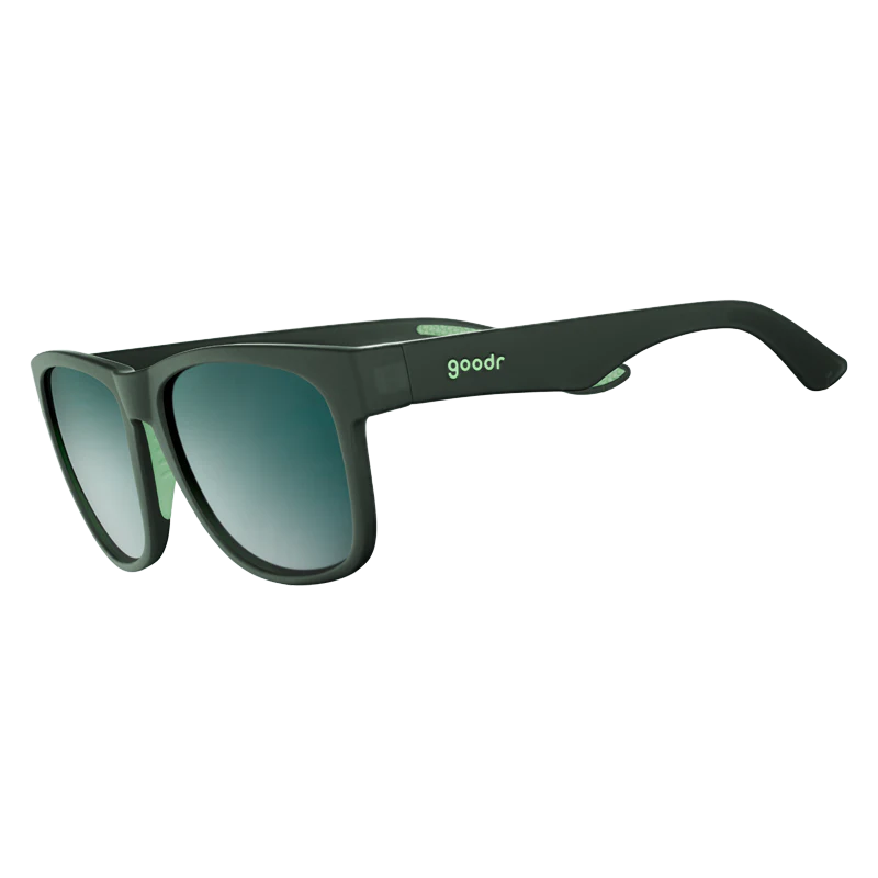 goodr BFG Mint Julep Electroshocks sunglasses, dark green frame with graphite lenses — side view