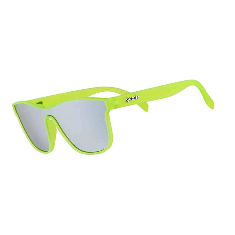 goodr VRG Naeon Flux Capacitor sunglasses, chartreuse frame with mirrored grey lenses — side view
