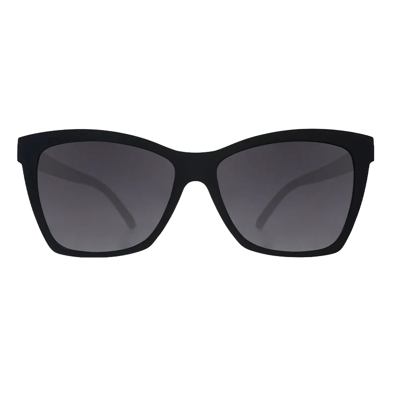 goodr Pop G New Wave Renegade sunglasses, black frame with smoke gradient lenses — front view