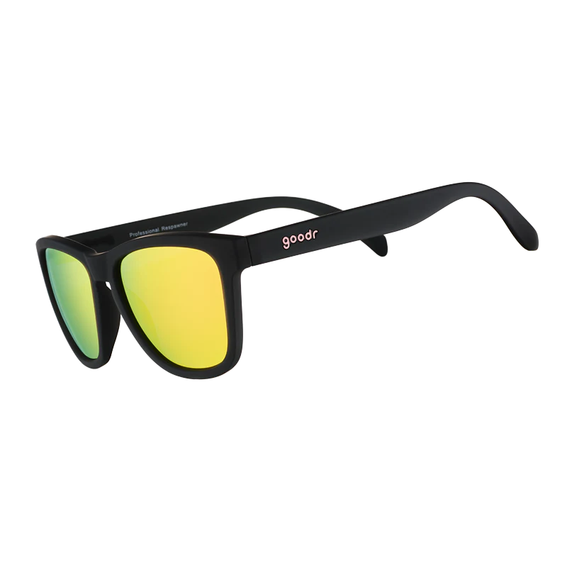 goodr OG Professional Respawner sunglasses, charcoal frame with hot pink lenses — side view